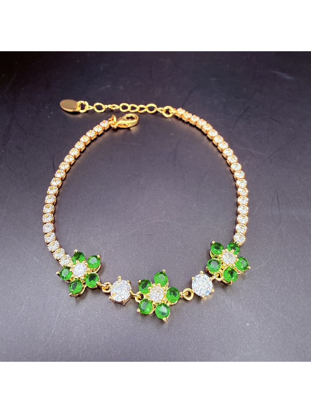 candy+clover green flower crystal tennis gold tone bracelet